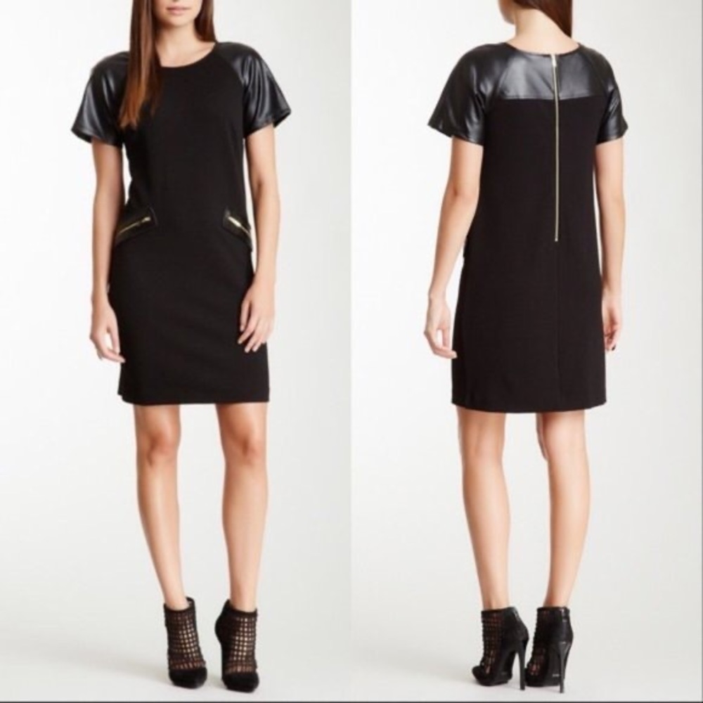 Julia Jordan Black Faux Leather Trim Gold Zipper Pocket Shift Dress, size 2